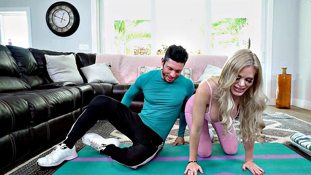 Boobylicious yoga MILF shakes ass fucked by trainer