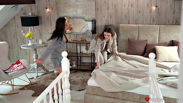 Lesbian MILF brings toy to work