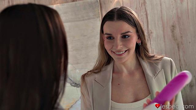 Lesbian MILF brings toy to work