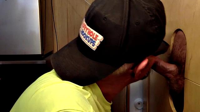 Gloryhole blowjob loving daddy sucks BFs cock at home