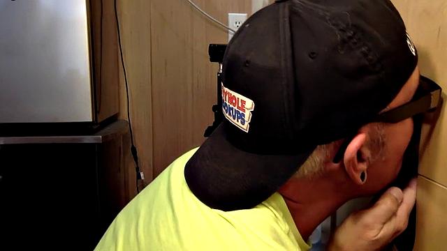 Gloryhole blowjob loving daddy sucks BFs cock at home