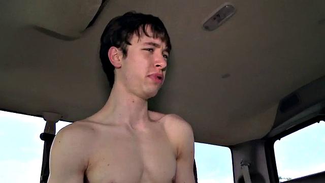 Blindfolded skinny guy gets gay BJ in public van outdoor