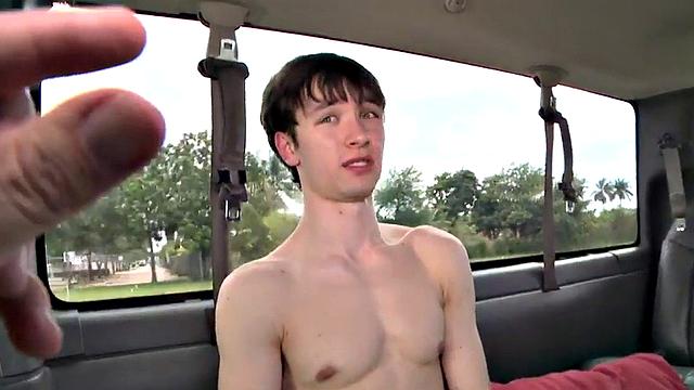 Blindfolded skinny guy gets gay BJ in public van outdoor