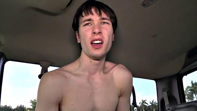 Blindfolded skinny guy gets gay BJ in public van outdoor