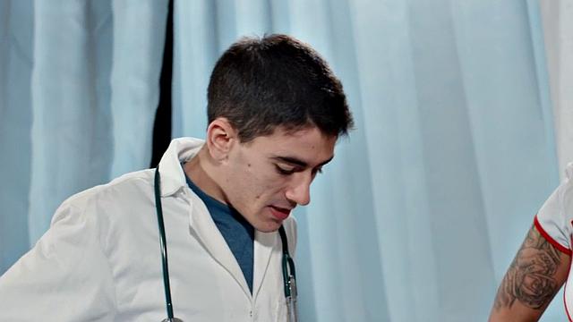 Blonde MILF nurse with huge tits gives a handjob and rides a hung little guy in a hospital bed