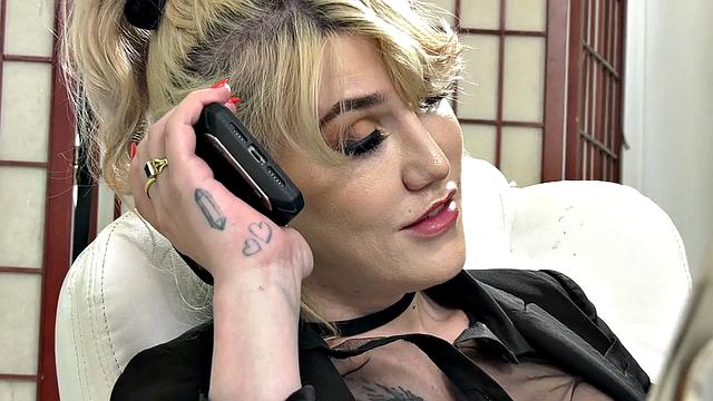 TS inked secretary in stockings assfucked in office