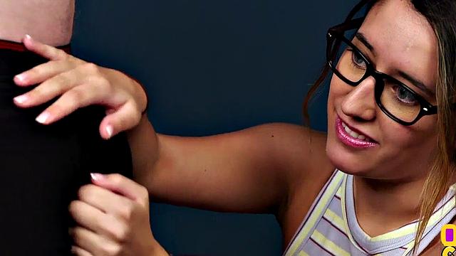 CFNM teen in heels n nylons blows and jerks cock to cumshot