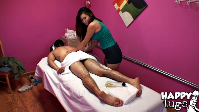 Gina's oiled up body bounces on a straight man's cock while he massages her in reverse cowgirl position