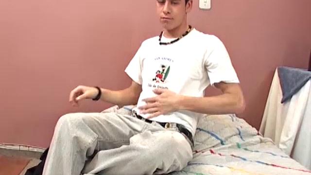 After enjoying a few rounds of paint ball, Gustavo heads home to enjoy some self-pleasuring on his bed. The Latino strips out of his clothes and grabs his big uncut cock.