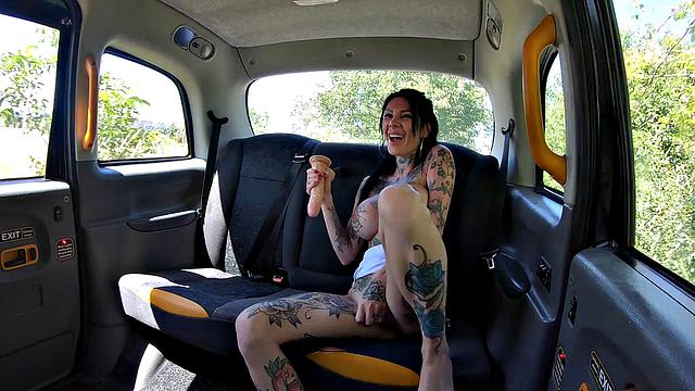 Tattooed slut gets roughed up and drilled hard with dildo and big tits bouncing