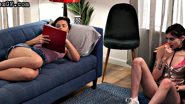 Alt lesbian babe scissoring before 69 with her GF on the couch