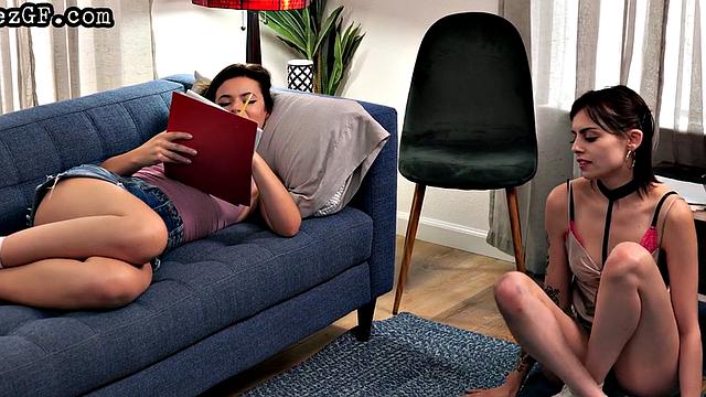 Alt lesbian babe scissoring before 69 with her GF on the couch