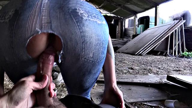 Watch this tattooed slut in denim jeans fuck a cop's truncheon in POV