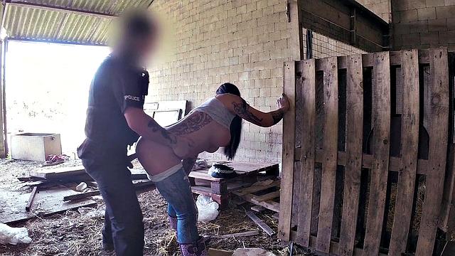 Watch this tattooed slut in denim jeans fuck a cop's truncheon in POV