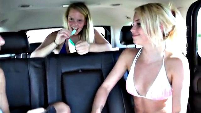 Busty teen in bikini with lesbo mates