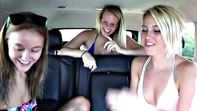 Busty teen in bikini with lesbo mates