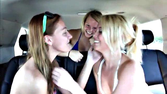 Busty teen in bikini with lesbo mates