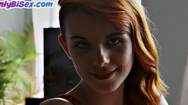 Strapon bisex ginger babe in 3way after blowjob