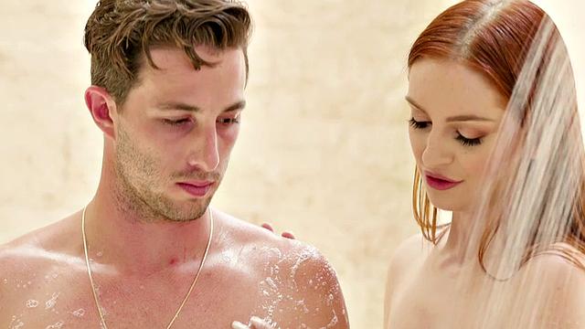 Taboo redhead rides oiled dick after massaging stepbro