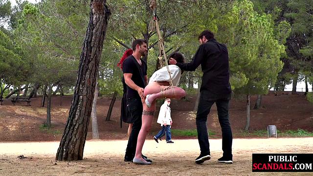 Petite babe hard mouthfucked in public