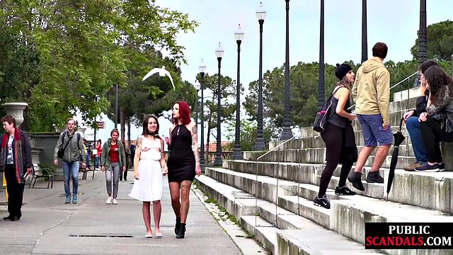 Petite babe hard mouthfucked in public