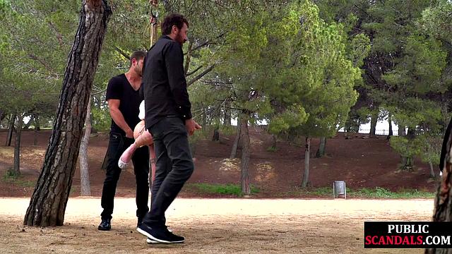 Petite babe hard mouthfucked in public