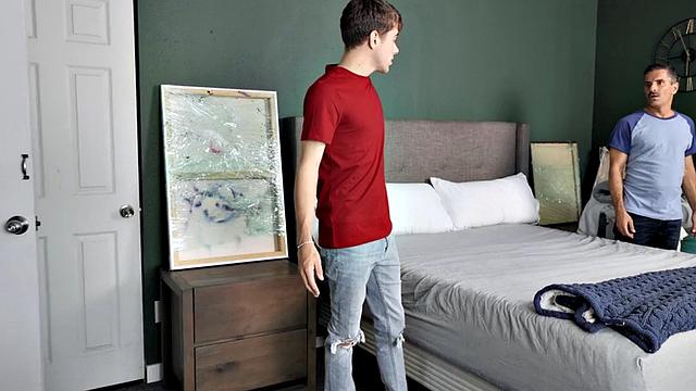 Str8 DILF bareback fucks twink in bedroom till cumshot