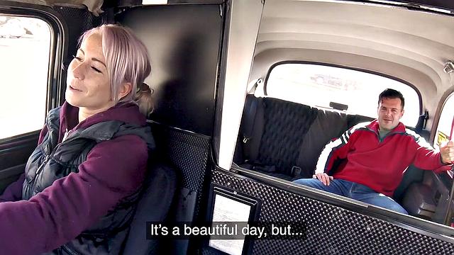 Tattooed driver with big tits rides hard while getting her pussy fingered