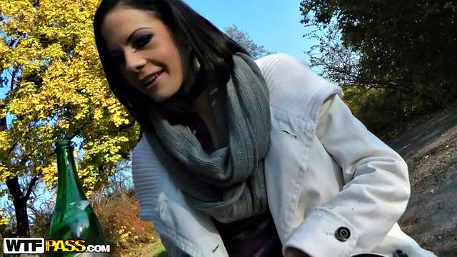 Charming girl does public sex