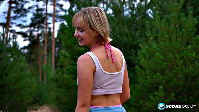 Horny Helen Gets Naked in the Woods and Diddles Her Shaved Pussy