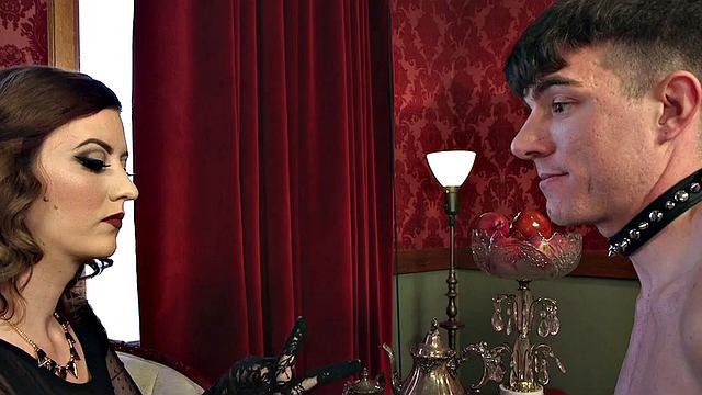 Dominating busty MILF fucks male ass with strapon