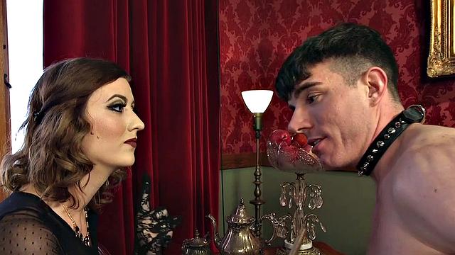 Dominating busty MILF fucks male ass with strapon