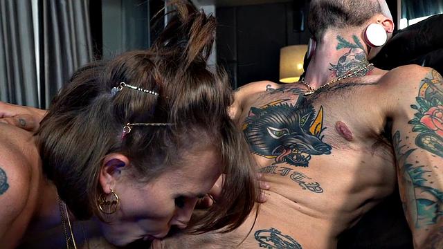 Tattooed TS pussylicked by bosomy rimmed Tranny MILF