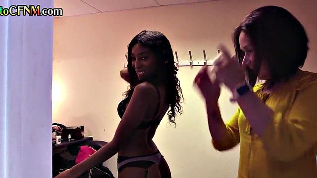 Femdom CFNM Black babe jerks white dick in group