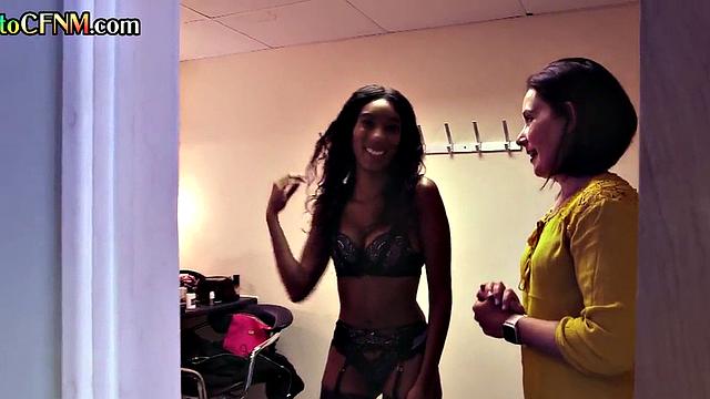 Femdom CFNM Black babe jerks white dick in group