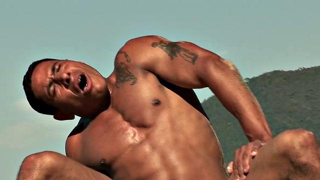 Muscular Brazilians Alber Charles and Antony Gimenez on a Rock Hardcore