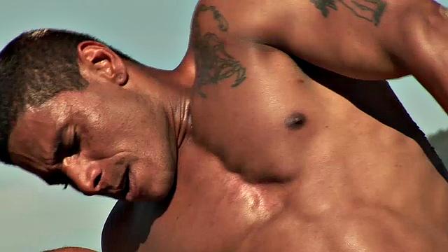 Muscular Brazilians Alber Charles and Antony Gimenez on a Rock Hardcore