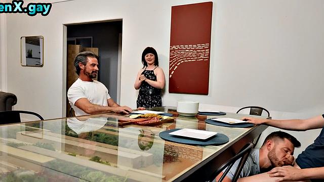 Gay man bareback fucks jock in 3some with blowjob partner