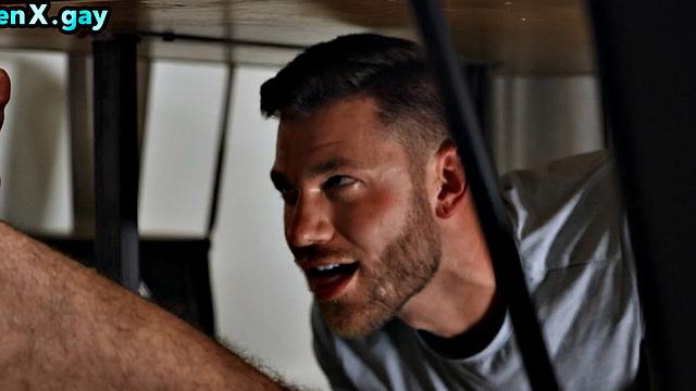 Gay man bareback fucks jock in 3some with blowjob partner