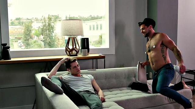 Tattooed stud barebacks skinny twink in ass after oral