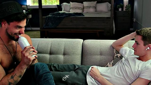 Tattooed stud barebacks skinny twink in ass after oral