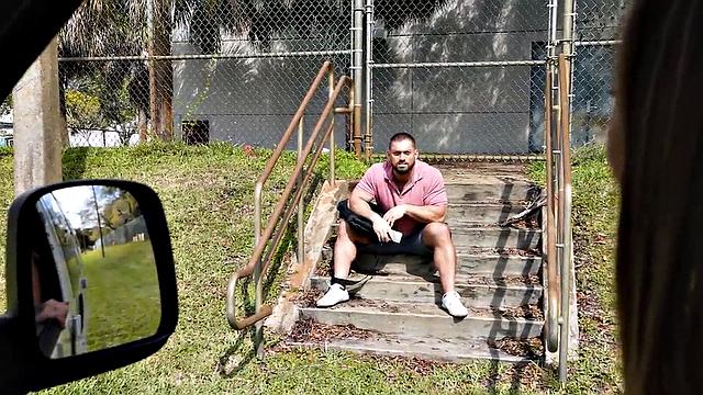 Straight amateur jock cums in public van outdoor