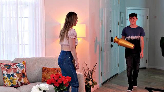 Laney Grey fucks her brother's friend on a brand new couch!