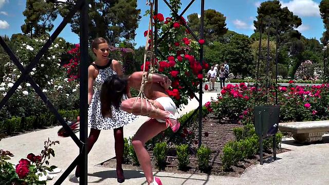 BDSM babe publicly whipped and humiliated by master and mistress