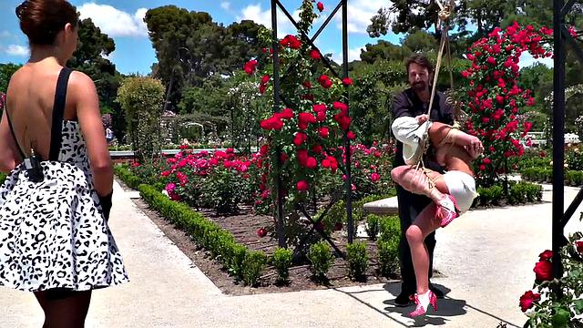 BDSM babe publicly whipped and humiliated by master and mistress