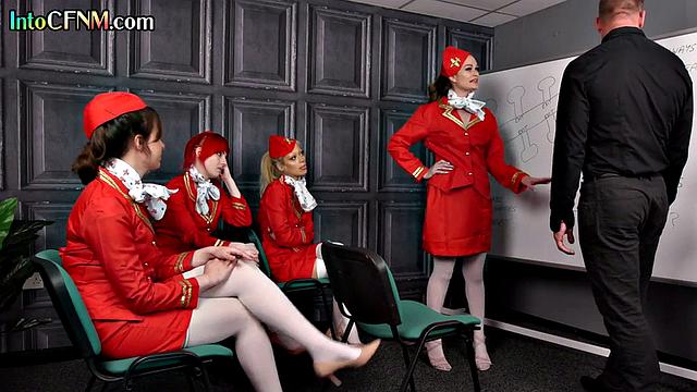 Uniformed CFNM cuties give a blowjob