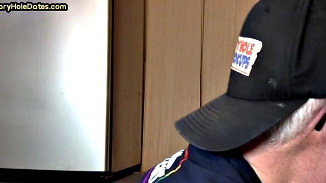 Gloryhole DILF sucks cock in closeup homemade sex