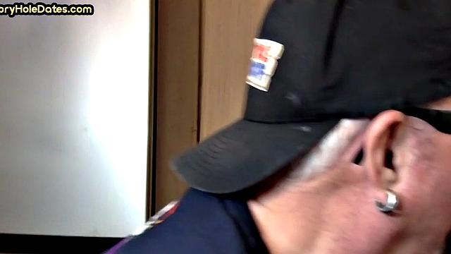 Gloryhole DILF sucks cock in closeup homemade sex