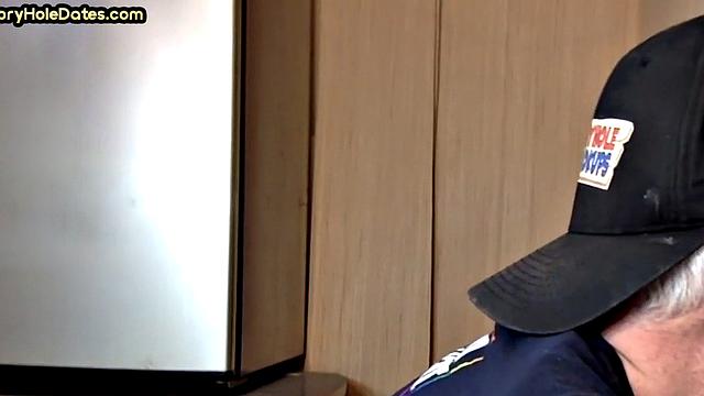 Gloryhole DILF sucks cock in closeup homemade sex