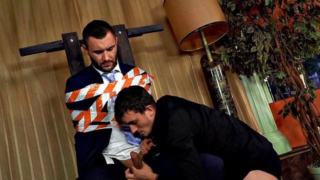 Dominant stud rides tied up BF after sucking cock